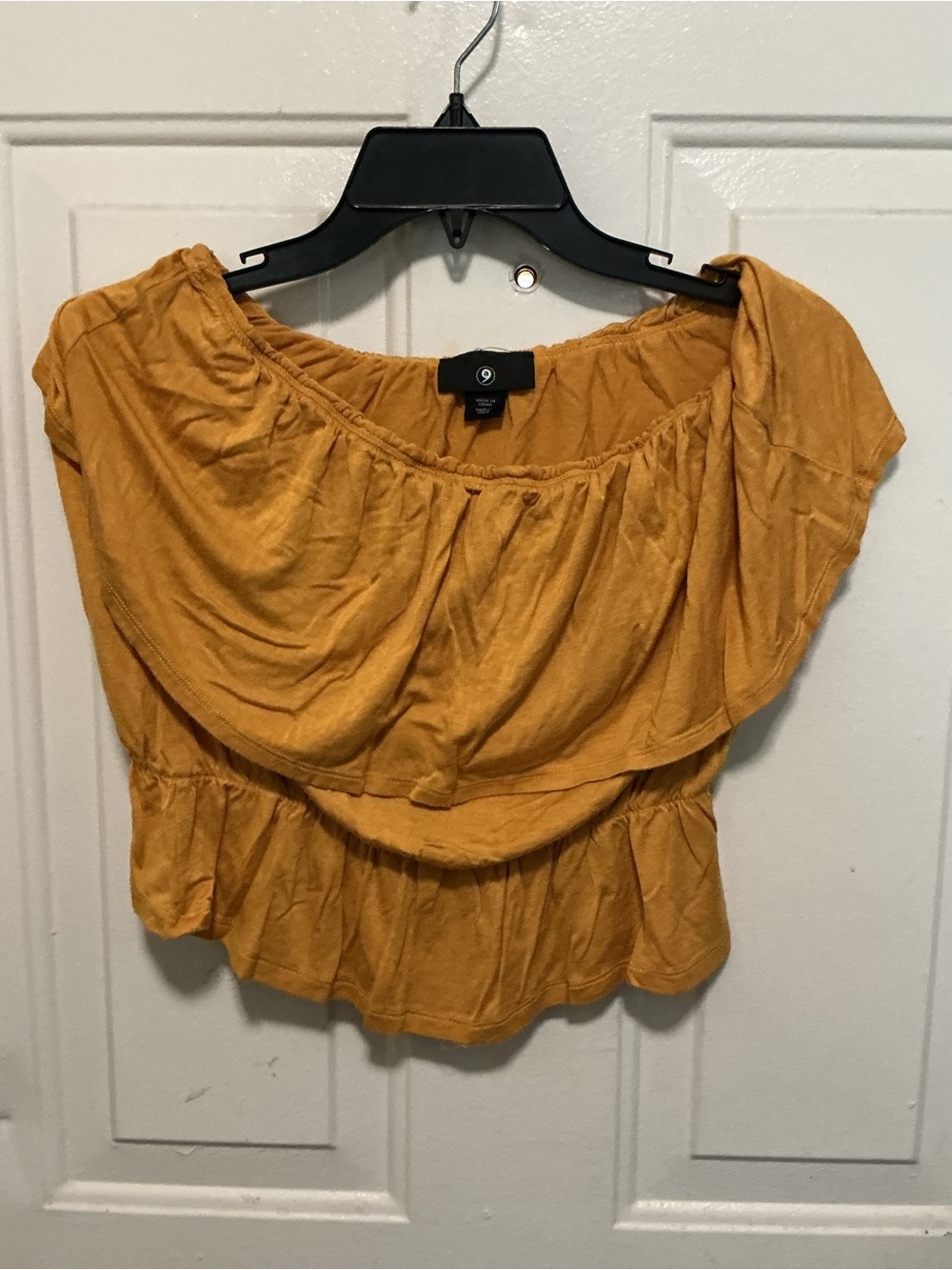chic Mustard Off-Shoulder Ruffle Crop Top